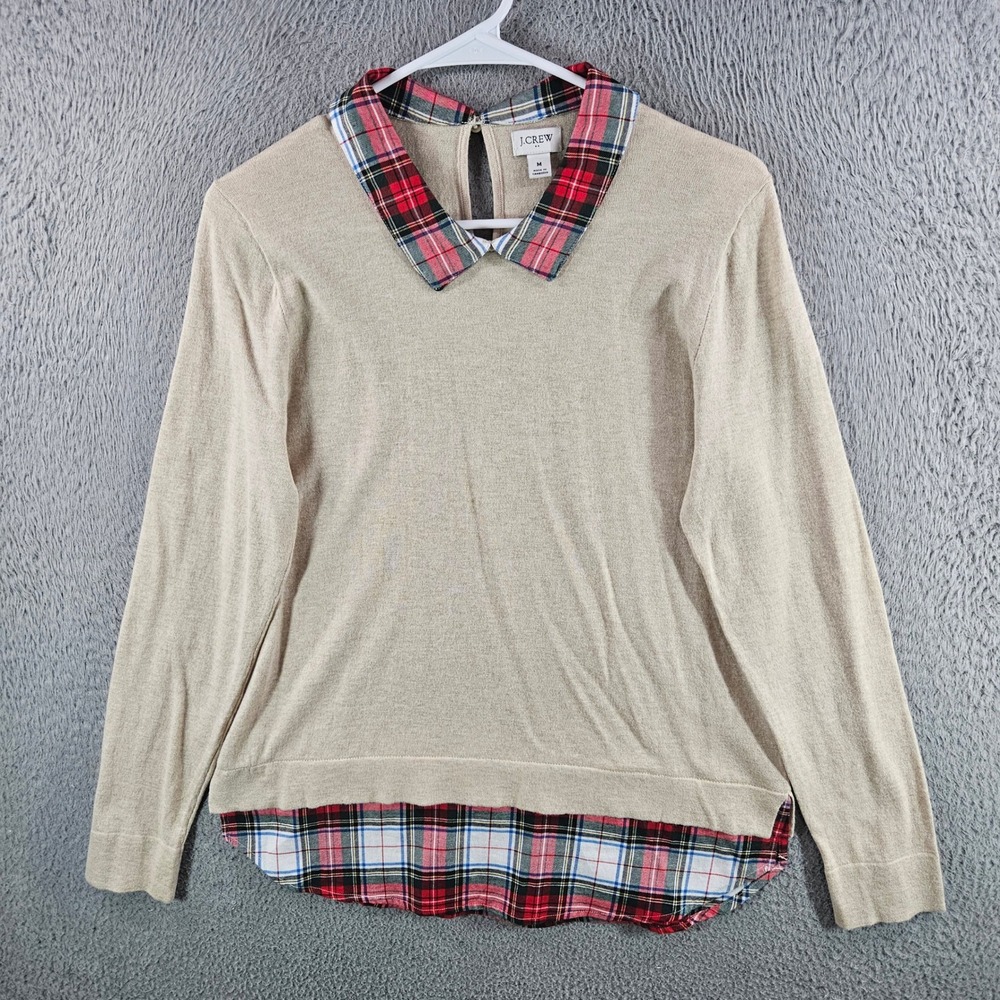 J.Crew Womens Plaid Collar Layered Look Sweater Beige Tartan Cotton‎ Size M